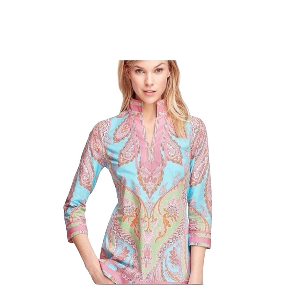 Brooks Brothers Paisley Tunic Blouse Boho Colorful Resort Coastal Preppy Size 14